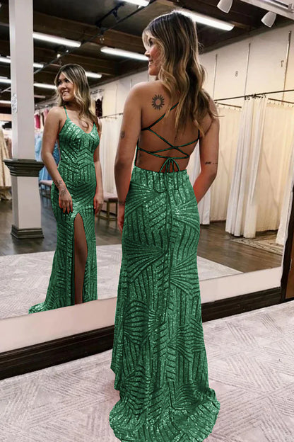 Sequins V-Neck Spaghetti Straps Prom Dress