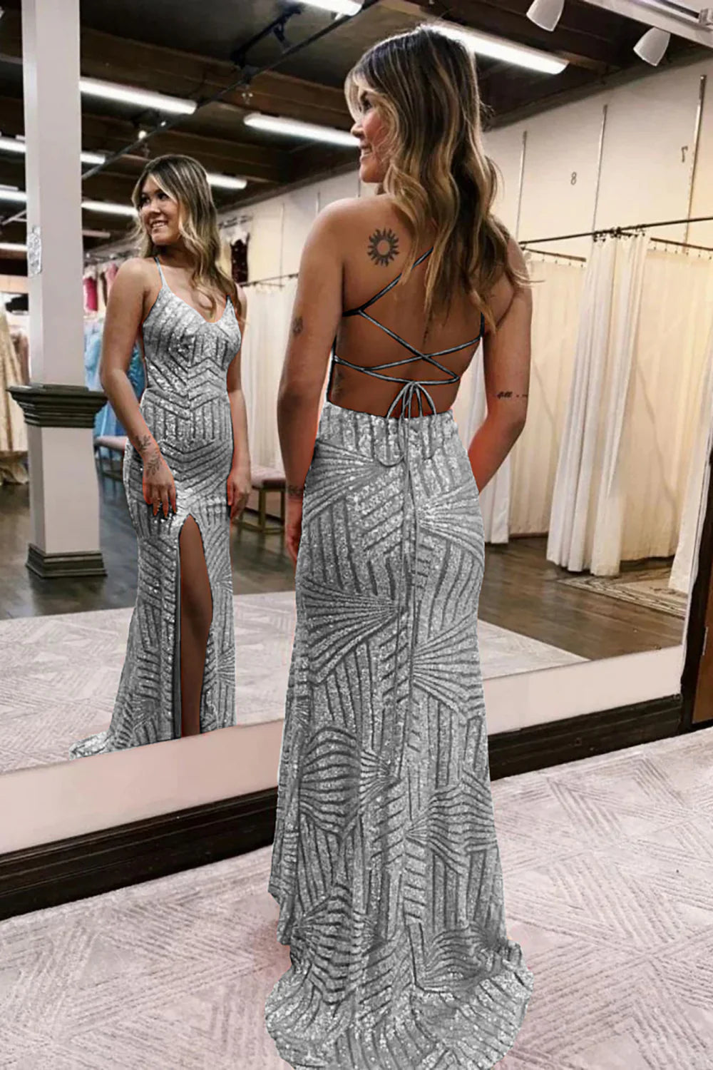 Sequins V-Neck Spaghetti Straps Prom Dress