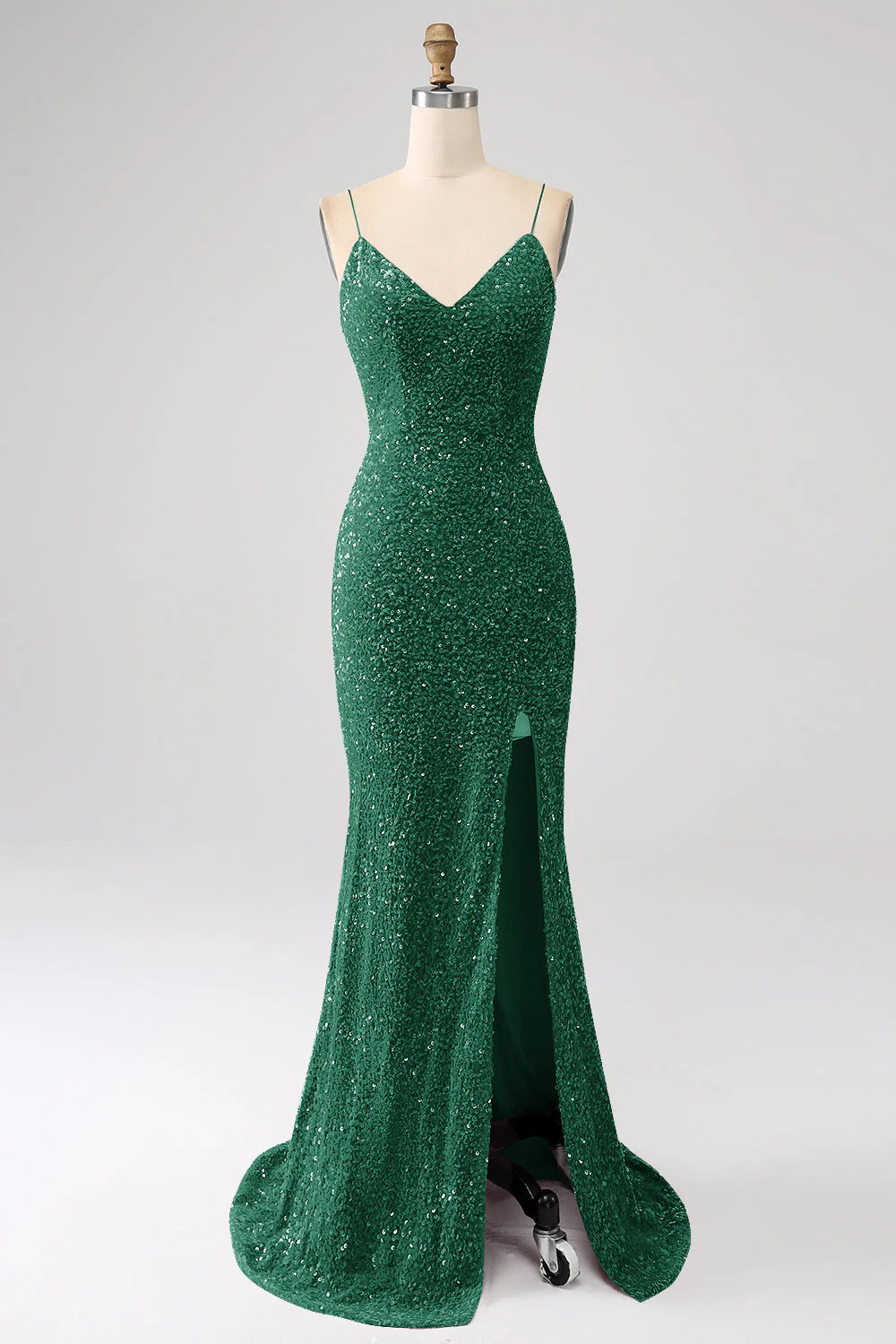 Sequins Mermaid Spaghetti Straps V-Neck Long Prom Dress
