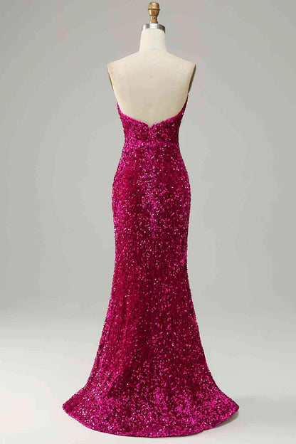 Deep V Neck Sequins Magenta Prom Evening Dresses Off-the-Shoulder Strapless with Slit