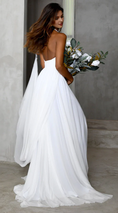 Deep V Neck Simple Long Chiffon White Beach Minimalist Evening Wedding Dresses With Slit