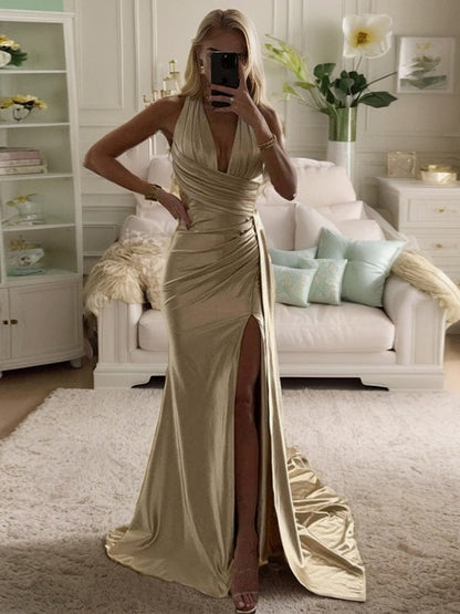 Deep V Neck Sleeveless Sheath Halter Pleated Sweep Train Satin Dress Prom Dress