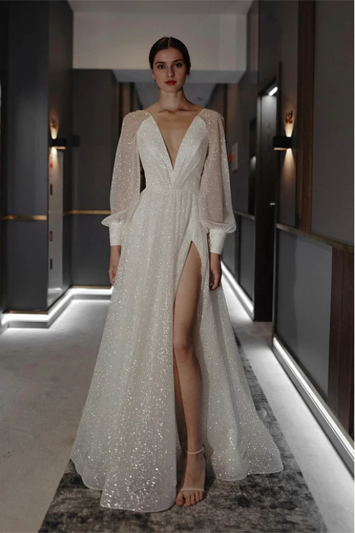 Deep V Neck Sparkly Long Sleeve Floor Length Prom Party Dress With Slit