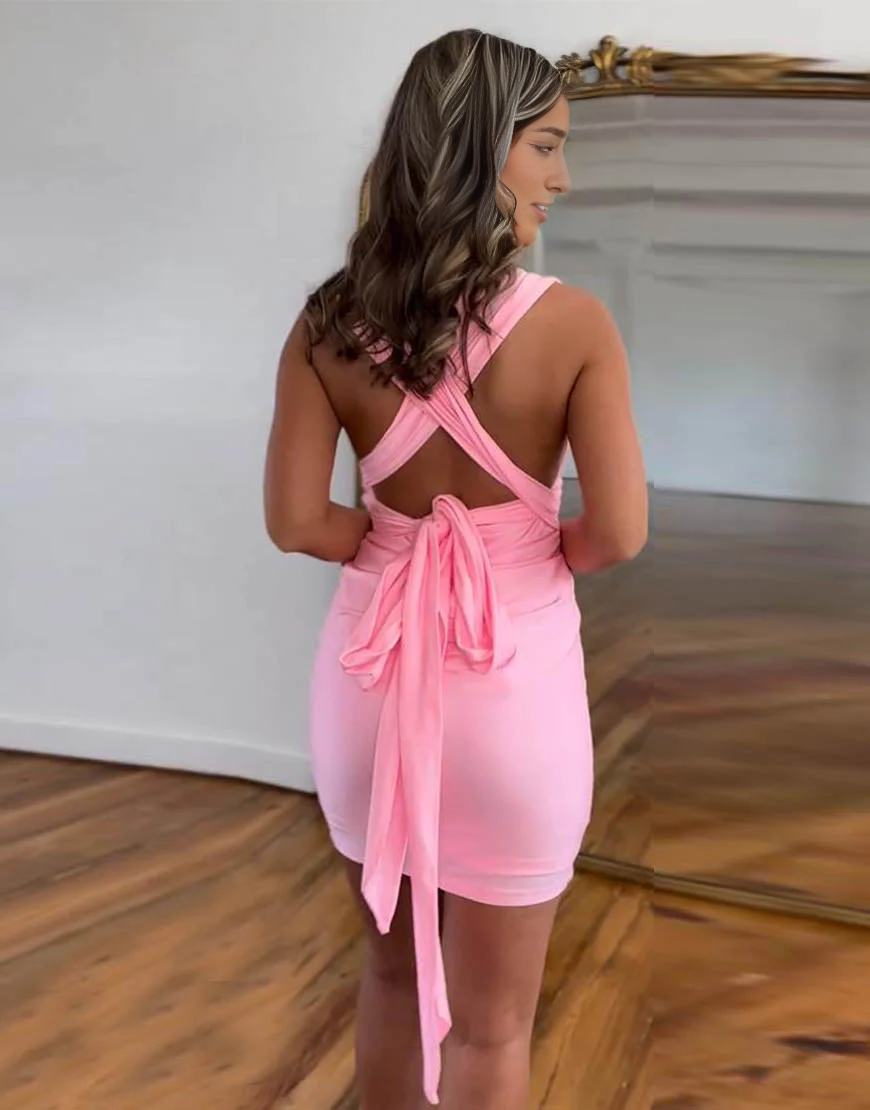 Deep V Neck Halter Convertible Straps Open Back Tight Homecoming Party Dress