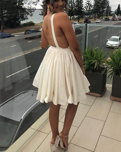 Deep V Neck Short White Plunging Neck Homecoming Prom Dress