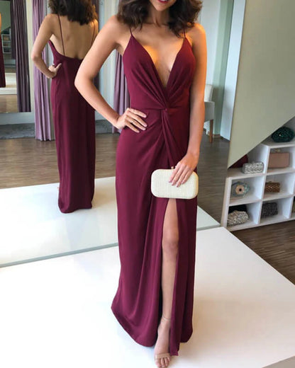 Deep V Neck Spaghetti Straps Chiffon Sheath Split Prom Dress