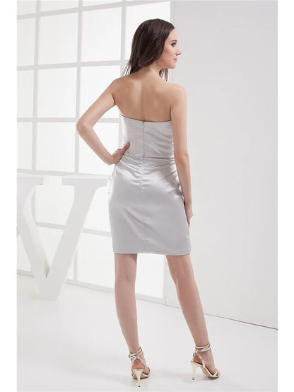 Cocktail Party Dress Strapless Sleeveless Knee Length Stretch Satin with Beading