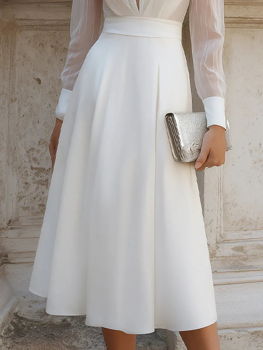 Elegant A-Line Deep V-Neck Long Sleeve Sheer White Midi Prom Dresses