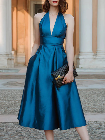 Elegant A-Line Halter Neck Pocketed Teal Midi Prom Dresses With Pocket
