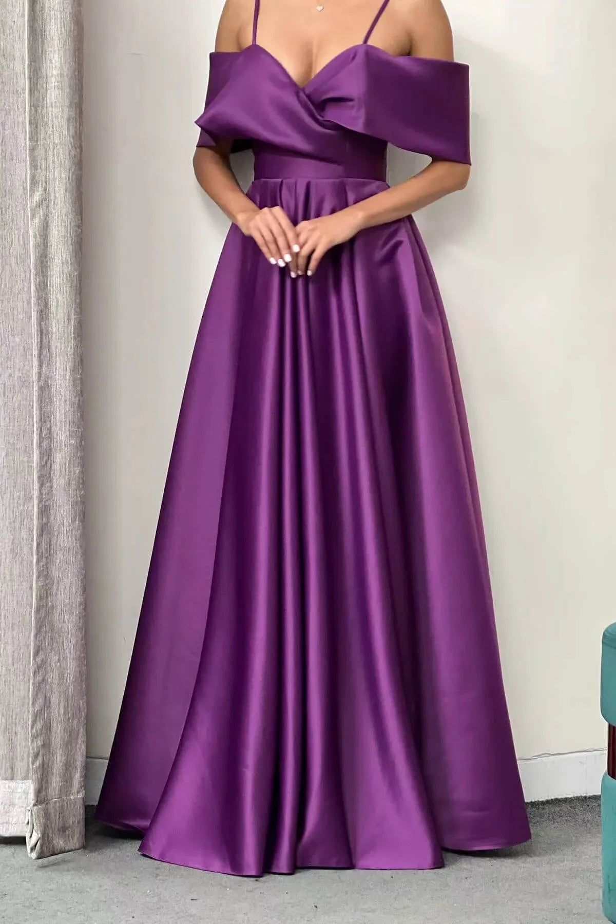 Elegant A-Line Off-the-Shoulder Sleeveless Satin Floor-Length Prom Dress