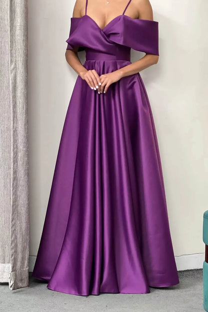 Elegant A-Line Off-the-Shoulder Sleeveless Satin Floor-Length Prom Dress