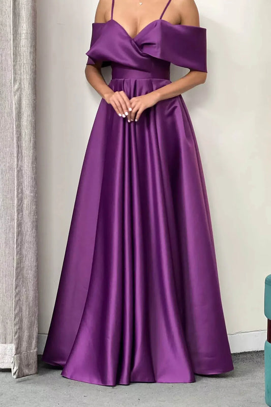 Elegant A-Line Off-the-Shoulder Sleeveless Satin Floor-Length Prom Dress