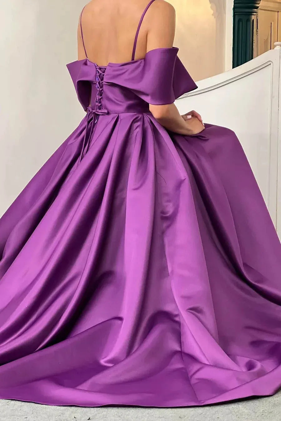 Elegant A-Line Off-the-Shoulder Sleeveless Satin Floor-Length Prom Dress