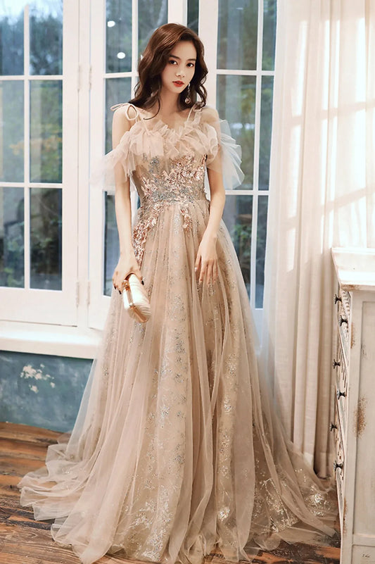 Elegant A-Line Off the Shoulder Sleeveless Lace Up Sweep/Brush Train Prom Dress