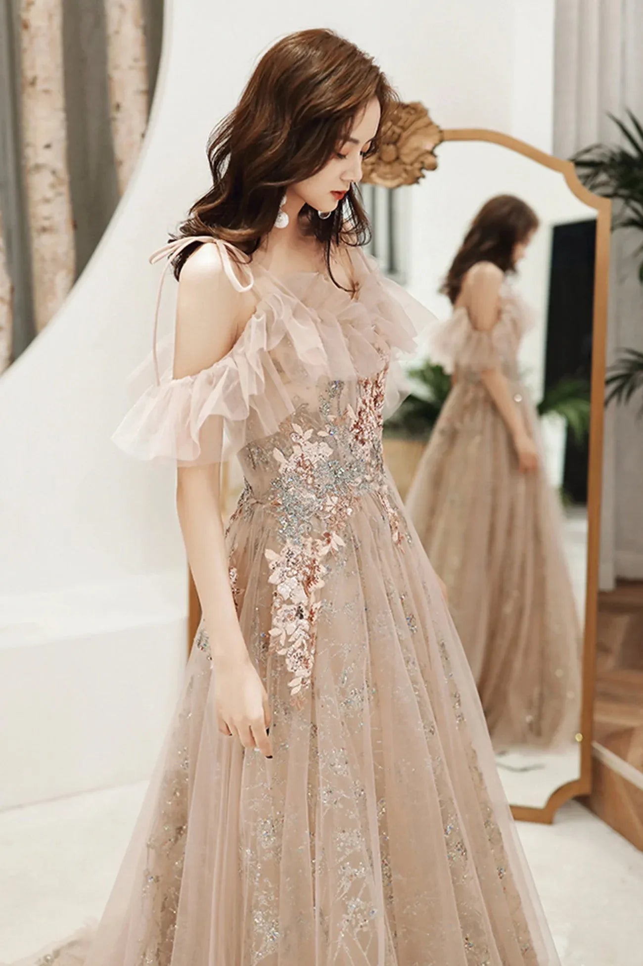 Elegant A-Line Off the Shoulder Sleeveless Lace Up Sweep/Brush Train Prom Dress