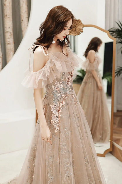 Elegant A-Line Off the Shoulder Sleeveless Lace Up Sweep/Brush Train Prom Dress
