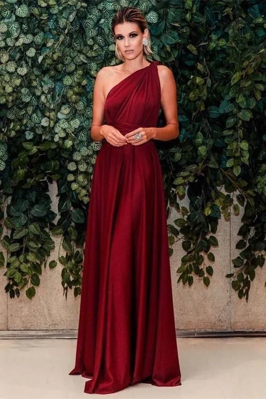 Elegant A-Line One-shoulder Draped Burgundy Maxi Prom Dress For Sale