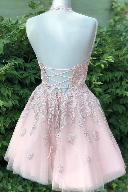 Elegant A-Line/Princess Halter Sleeveless Backless Short-Mini Homecoming Dress