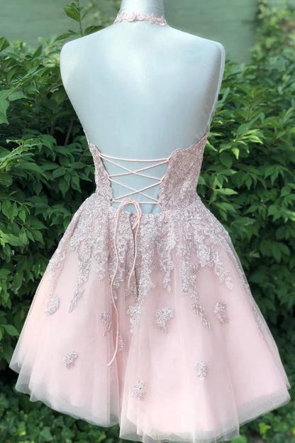 Elegant A-Line/Princess Halter Sleeveless Backless Short-Mini Homecoming Dress