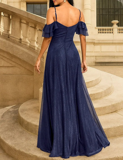 Elegant A-Line Spaghetti Strap Ruffled Glitter Navy Floor Length Prom Dress