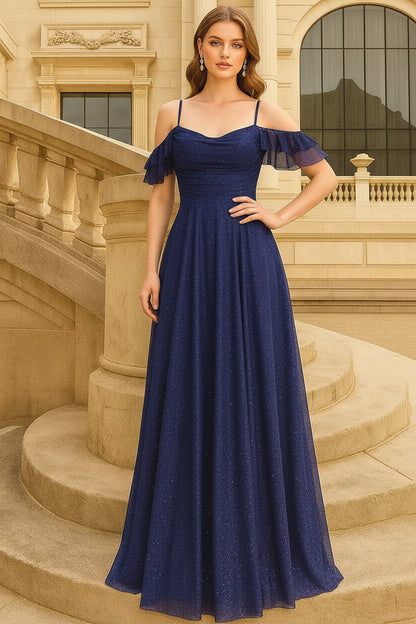 Elegant A-Line Spaghetti Strap Ruffled Glitter Navy Floor Length Prom Dress