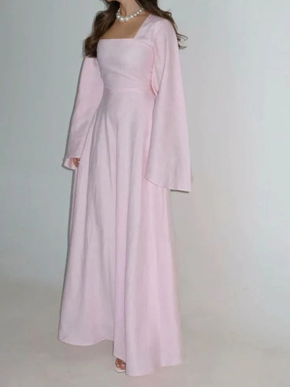 Elegant A-Line Square Neck Long Sleeve Lace-up Floor Length Prom Dress