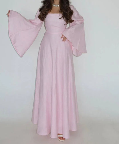 Elegant A-Line Square Neck Long Sleeve Lace-up Floor Length Prom Dress