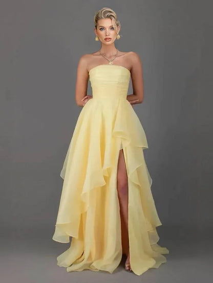 Elegant A-Line Strapless Sleeveless Tulle Slit Floor-Length Prom Dress