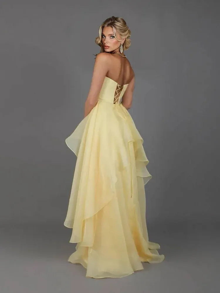 Elegant A-Line Strapless Sleeveless Tulle Slit Floor-Length Prom Dress