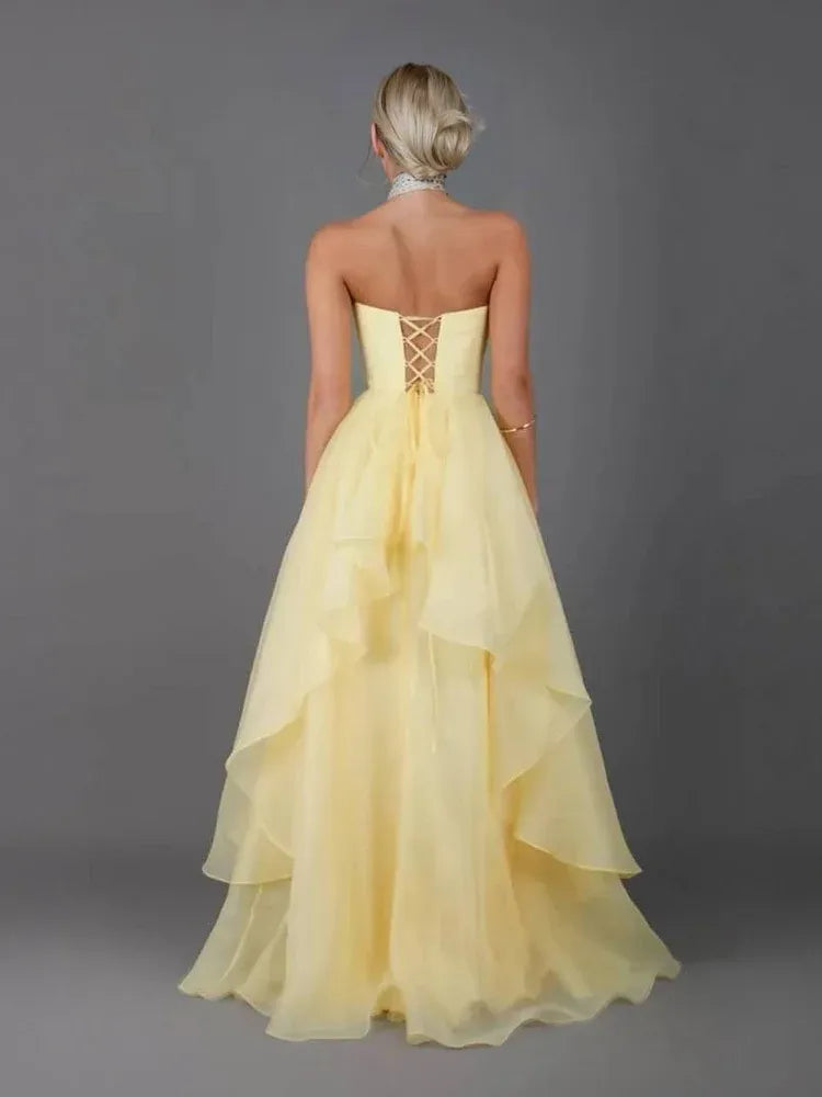 Elegant A-Line Strapless Sleeveless Tulle Slit Floor-Length Prom Dress