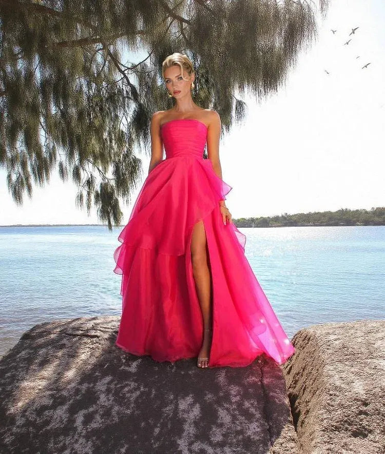 Elegant A-Line Strapless Sleeveless Tulle Slit Floor-Length Prom Dress