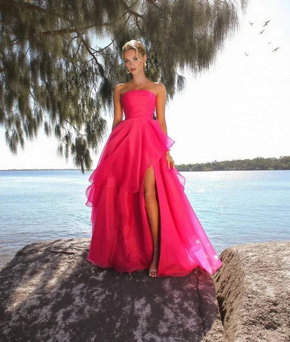 Elegant A-Line Strapless Sleeveless Tulle Slit Floor-Length Prom Dress