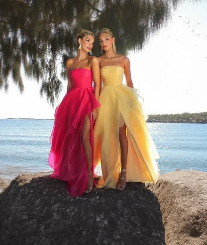 Elegant A-Line Strapless Sleeveless Tulle Slit Floor-Length Prom Dress
