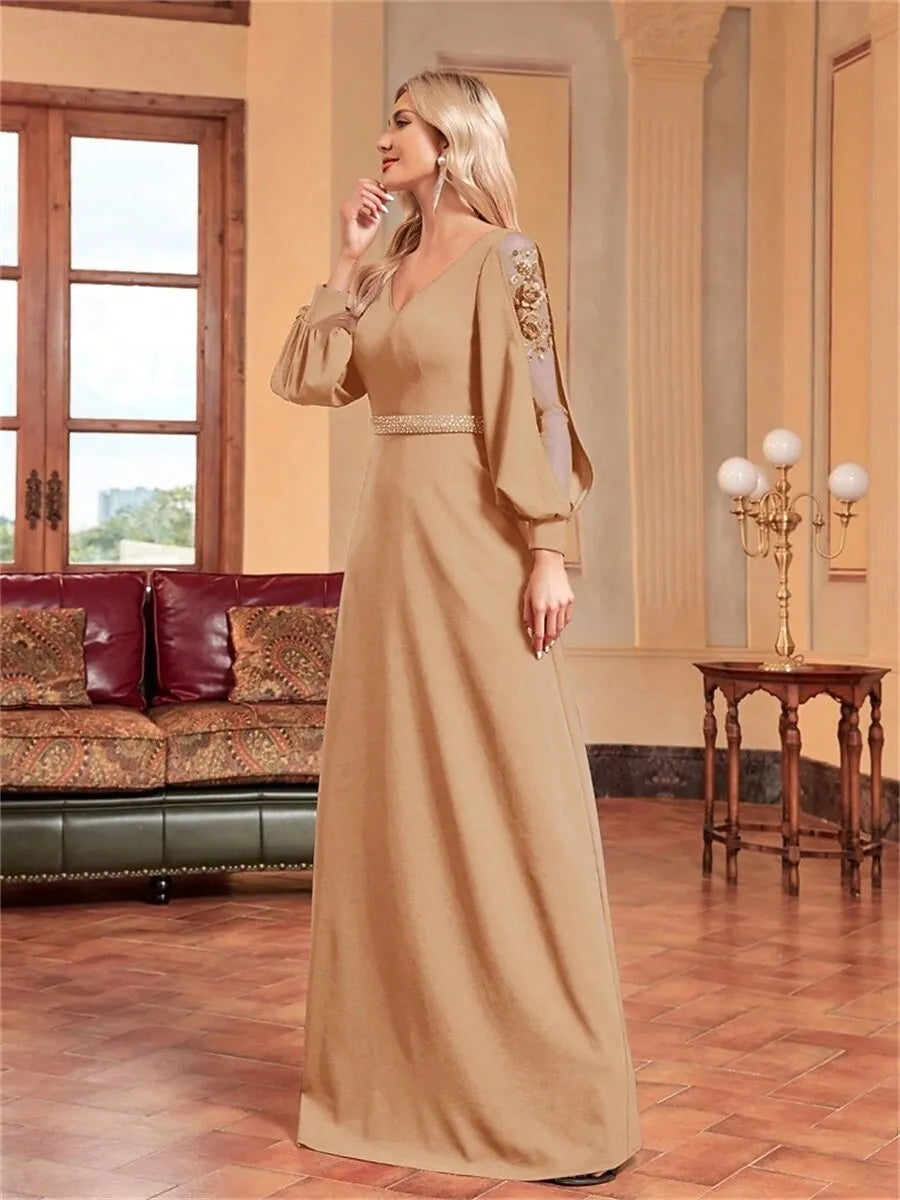 Elegant A-Line V-Neck Puff Sleeve Beaded Champagne Evening Dress For Sale