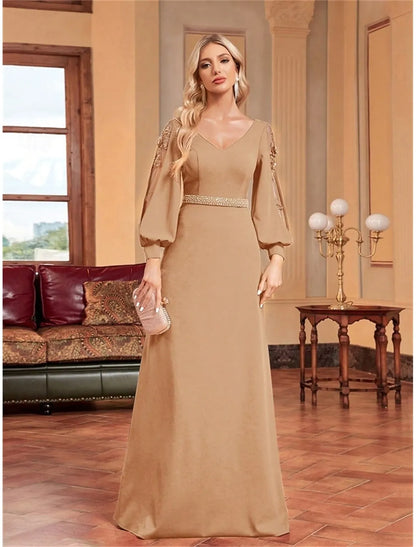 Elegant A-Line V-Neck Puff Sleeve Beaded Champagne Evening Dress For Sale