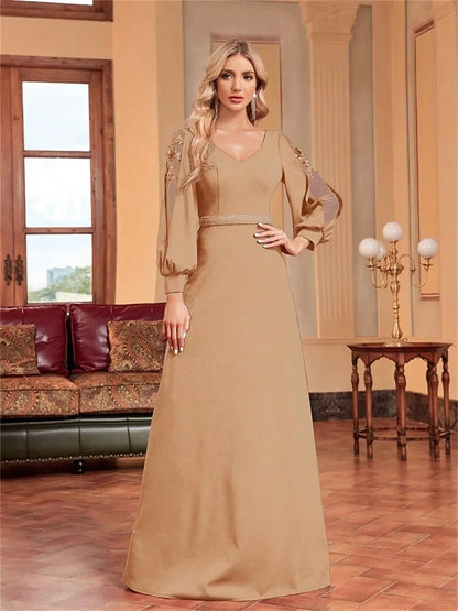 Elegant A-Line V-Neck Puff Sleeve Beaded Champagne Evening Dress For Sale