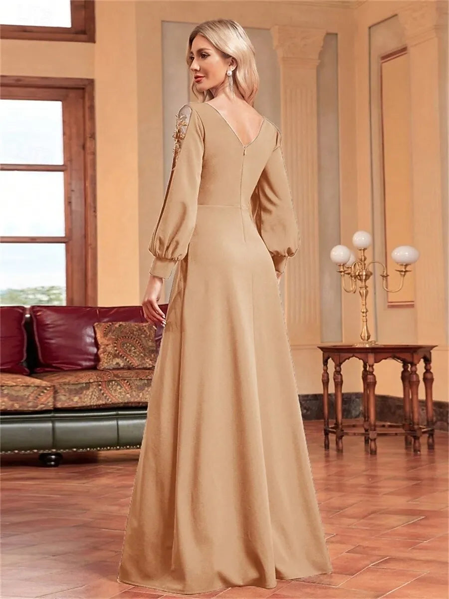Elegant A-Line V-Neck Puff Sleeve Beaded Champagne Evening Dress For Sale