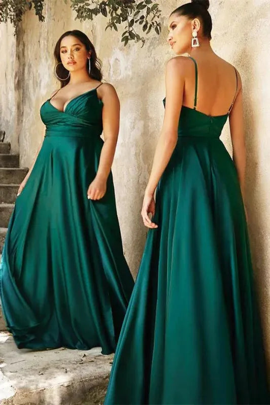 Elegant A-Line V-Neck Spaghetti Straps Ruched Slit Emerald Long Prom Dresses