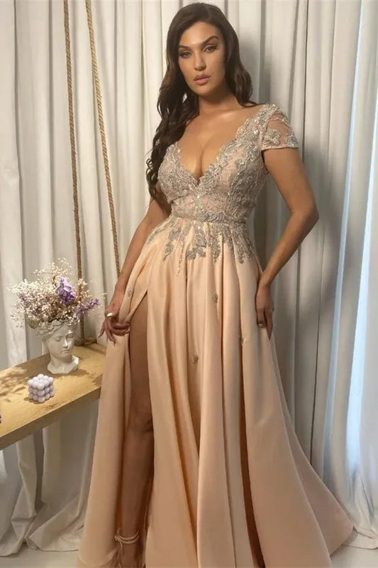 Elegant A-Line V Neck Cap Sleeve Satin Floor-Length Prom Dress