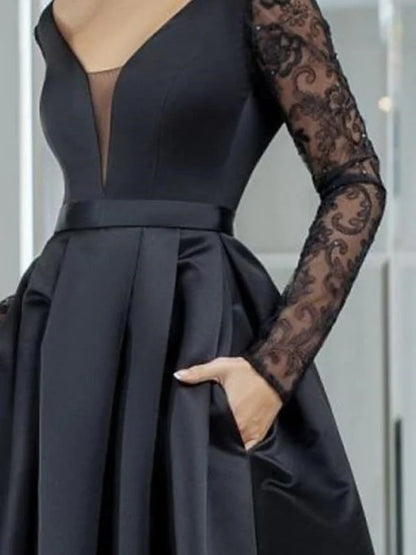 Elegant A-Line V Neck Long Sleeve Satin Floor-Length Prom Dress