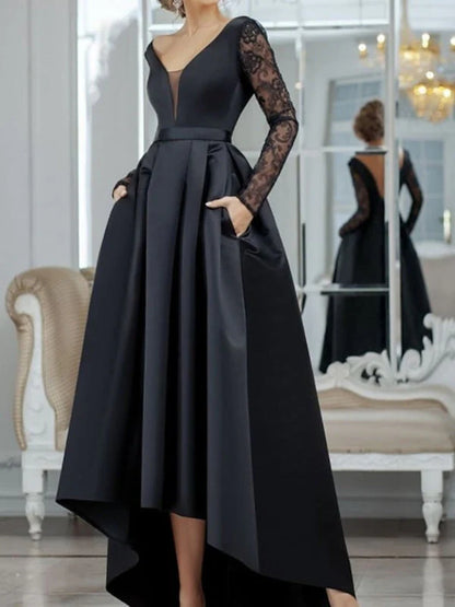 Elegant A-Line V Neck Long Sleeve Satin Floor-Length Prom Dress