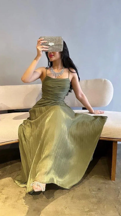 Elegant A-line Spaghetti Straps Ruched Sage Floor Length Prom Dress Hot Sale