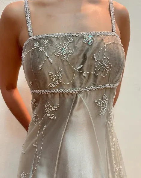 Elegant A-line Square-neck Beaded Satin Evening Dress For Ladies Hot Sale