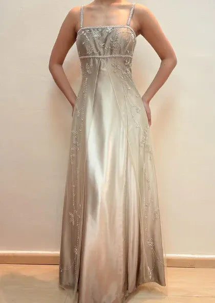 Elegant A-line Square-neck Beaded Satin Evening Dress For Ladies Hot Sale