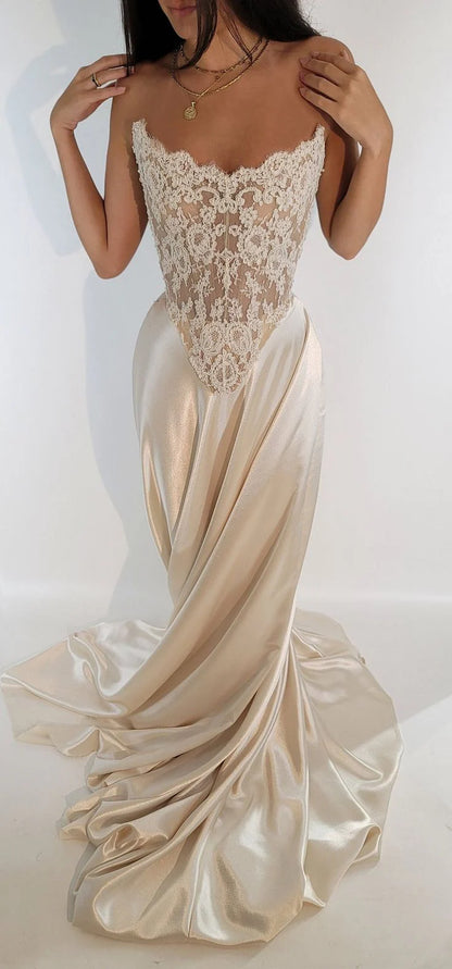 Elegant A Line Strapless Sleeveless Lace Up Chapel Train Wedding Dress
