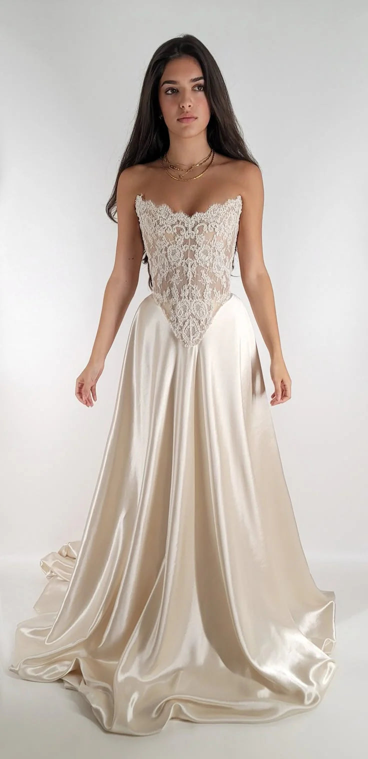 Elegant A Line Strapless Sleeveless Lace Up Chapel Train Wedding Dress