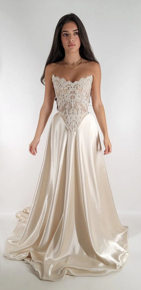 Elegant A Line Strapless Sleeveless Lace Up Chapel Train Wedding Dress