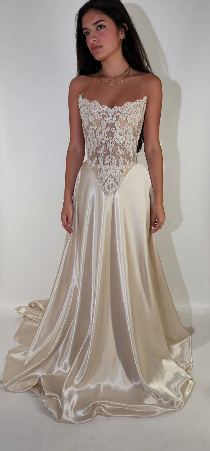 Elegant A Line Strapless Sleeveless Lace Up Chapel Train Wedding Dress