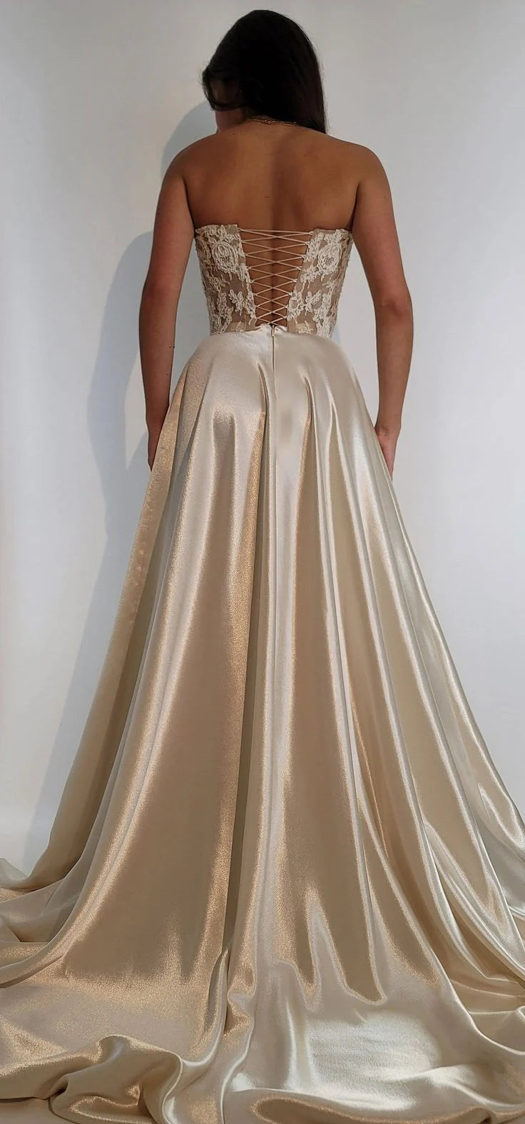 Elegant A Line Strapless Sleeveless Lace Up Chapel Train Wedding Dress