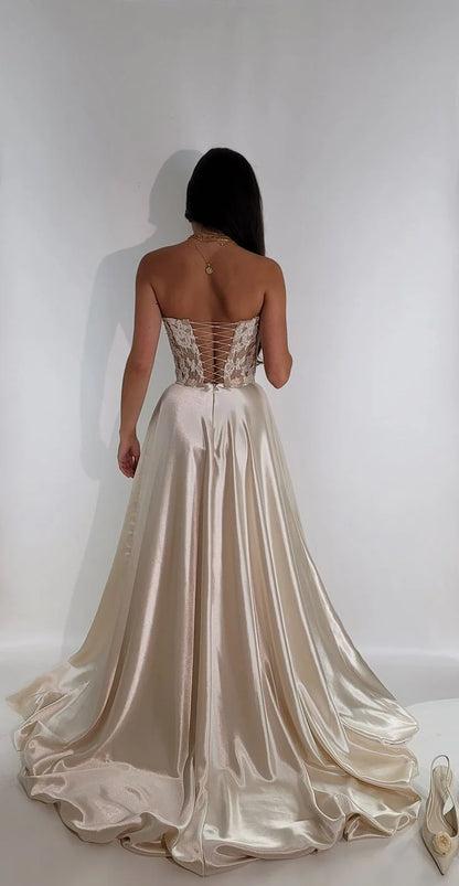 Elegant A Line Strapless Sleeveless Lace Up Chapel Train Wedding Dress